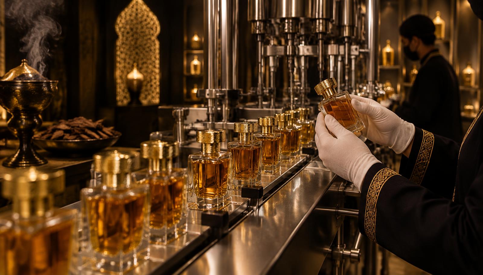 Perfume bottles with gold caps on a filling line, illustrating perfume manufacturing in Ajman, UAE