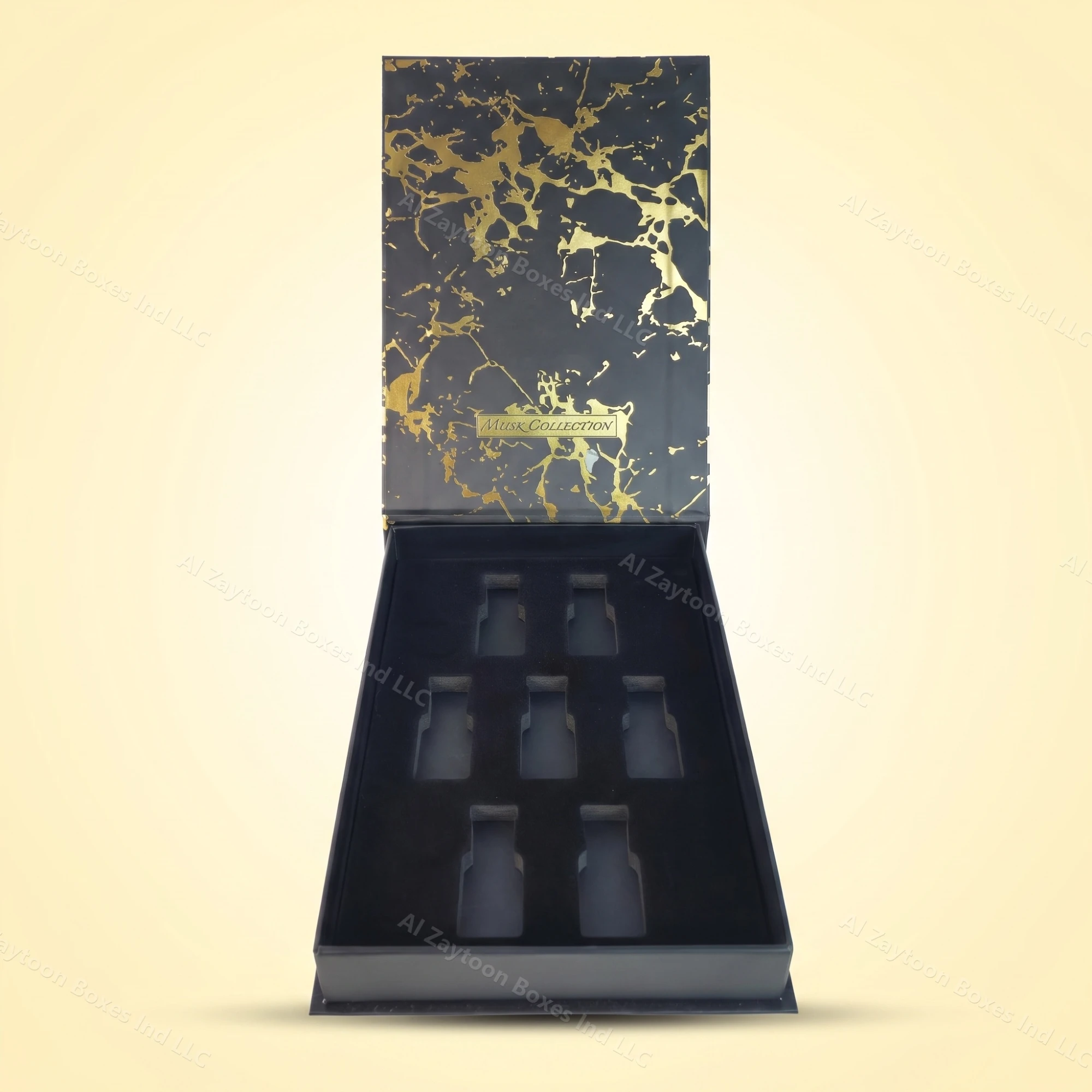 Black and gold marble perfume gift set box with six bottle compartments