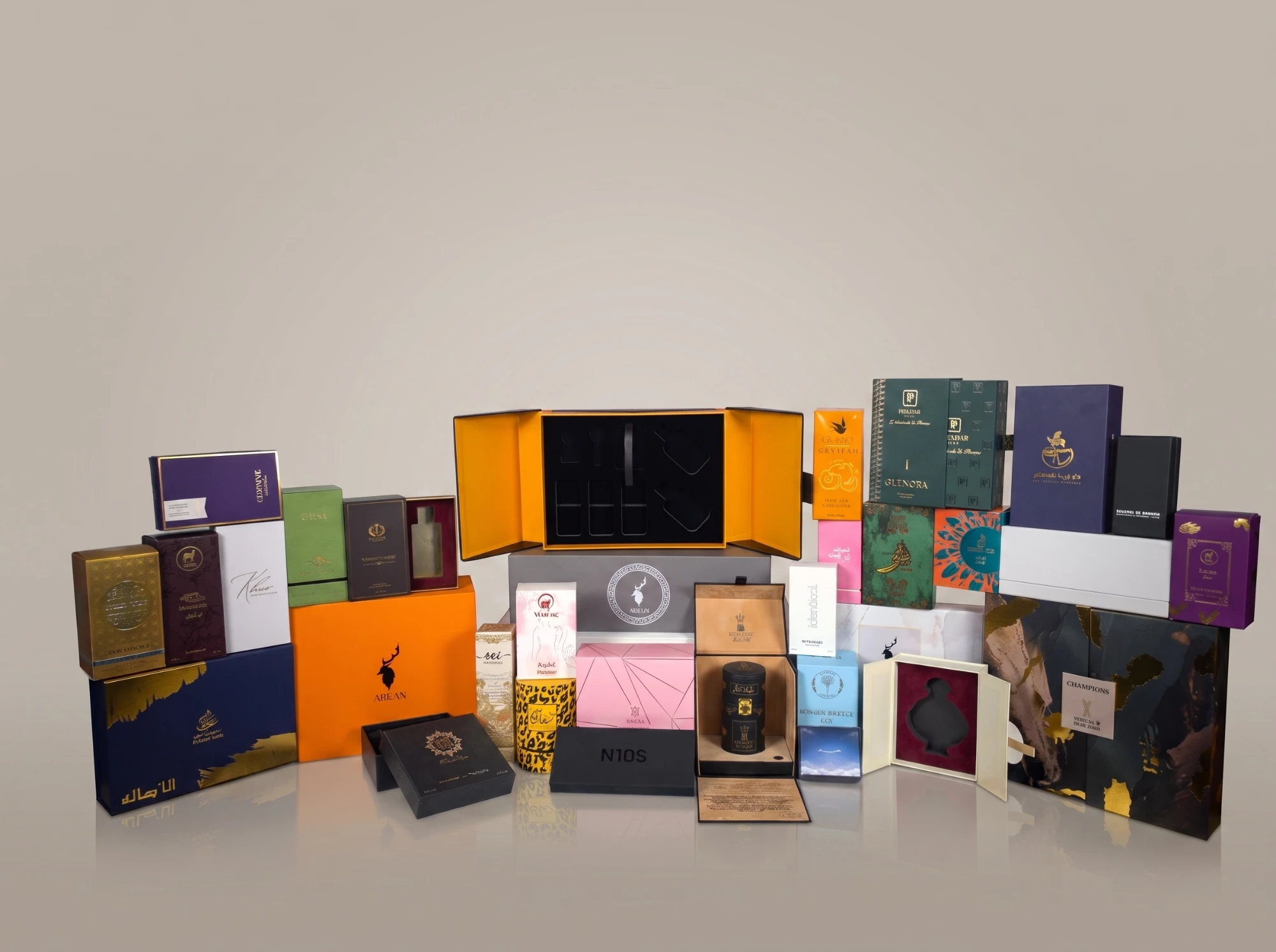 Collection of custom printed perfume boxes in different colours and styles
