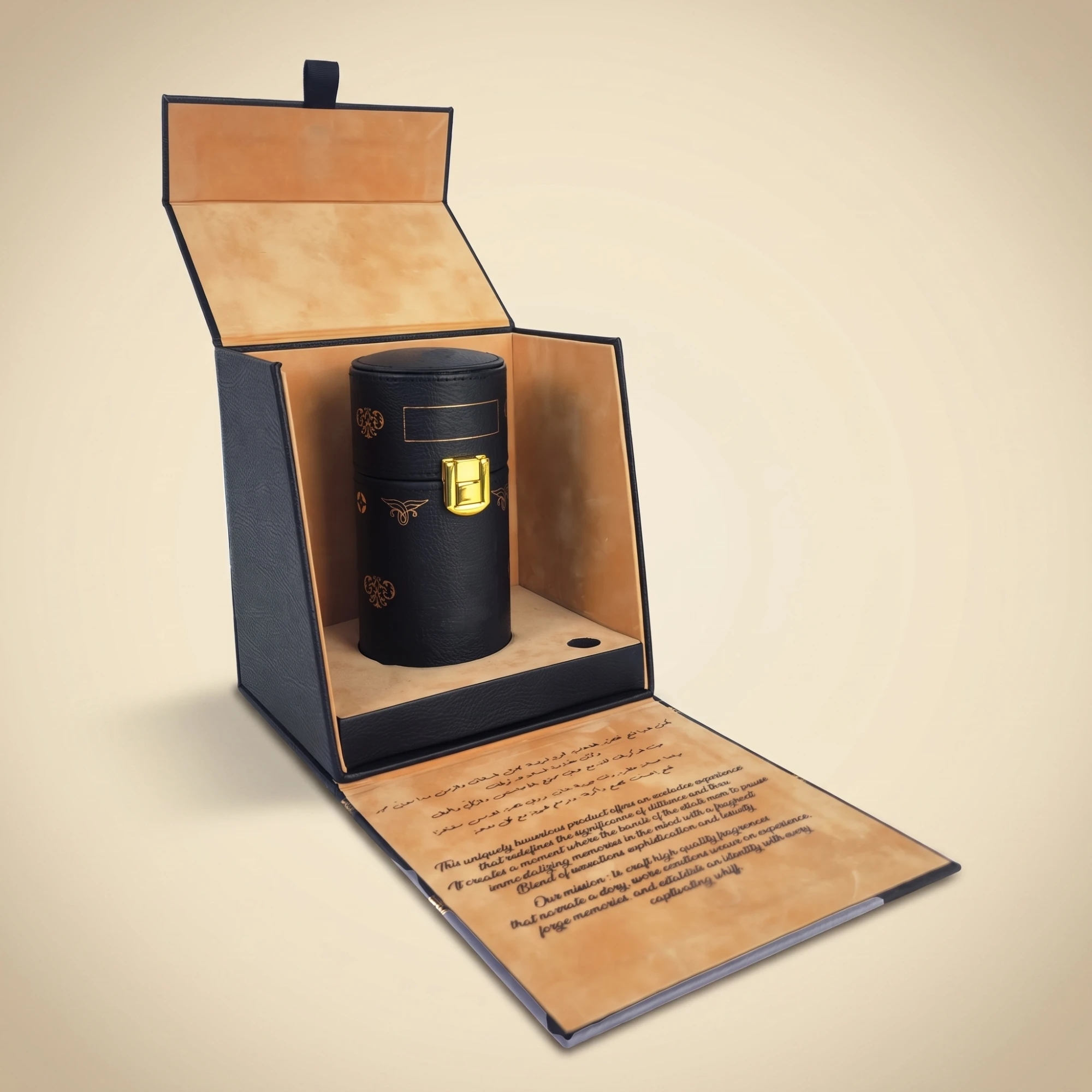Black drop-front perfume presentation box with tan interior and printed flap