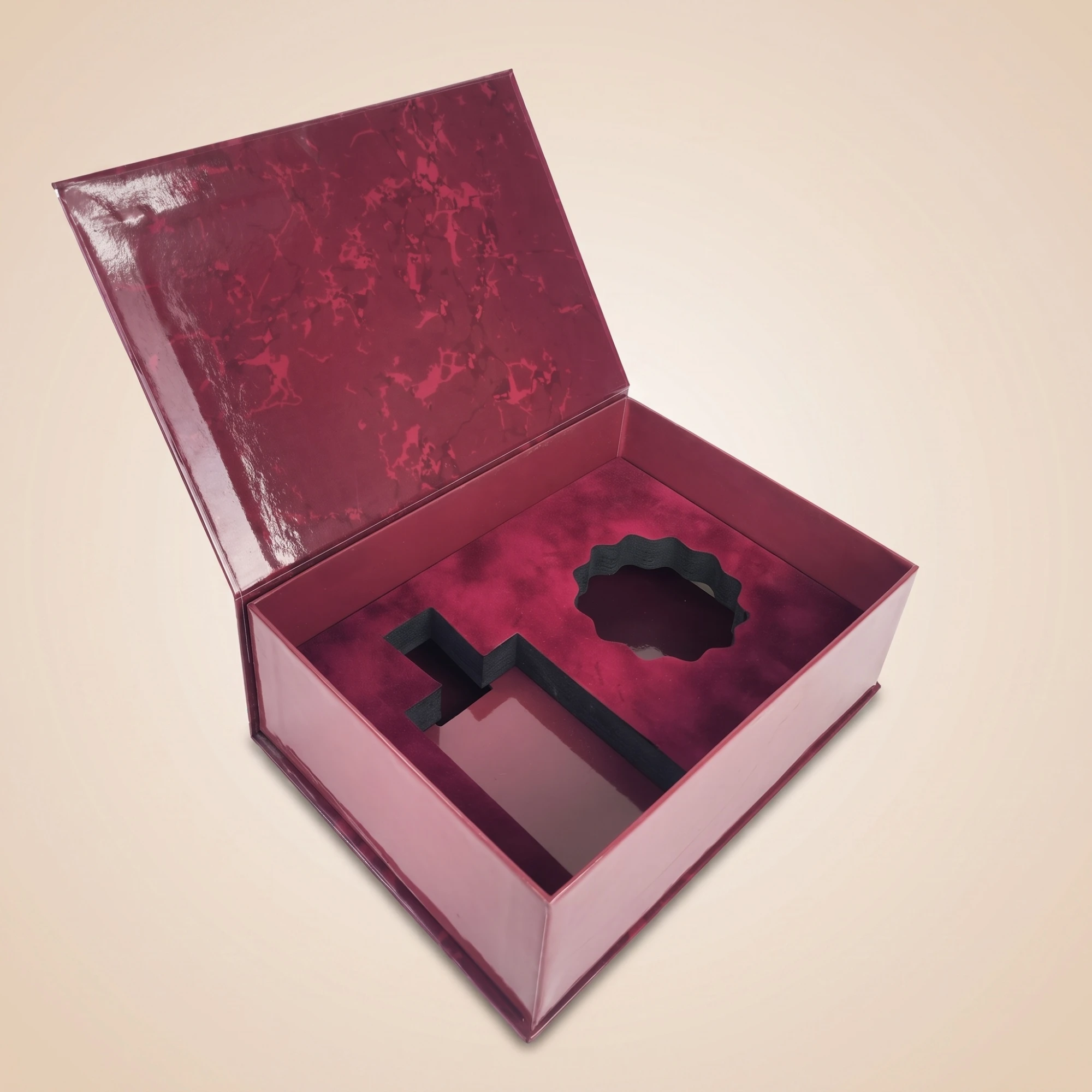 Burgundy rigid perfume box with velvet insert for bottle and cap