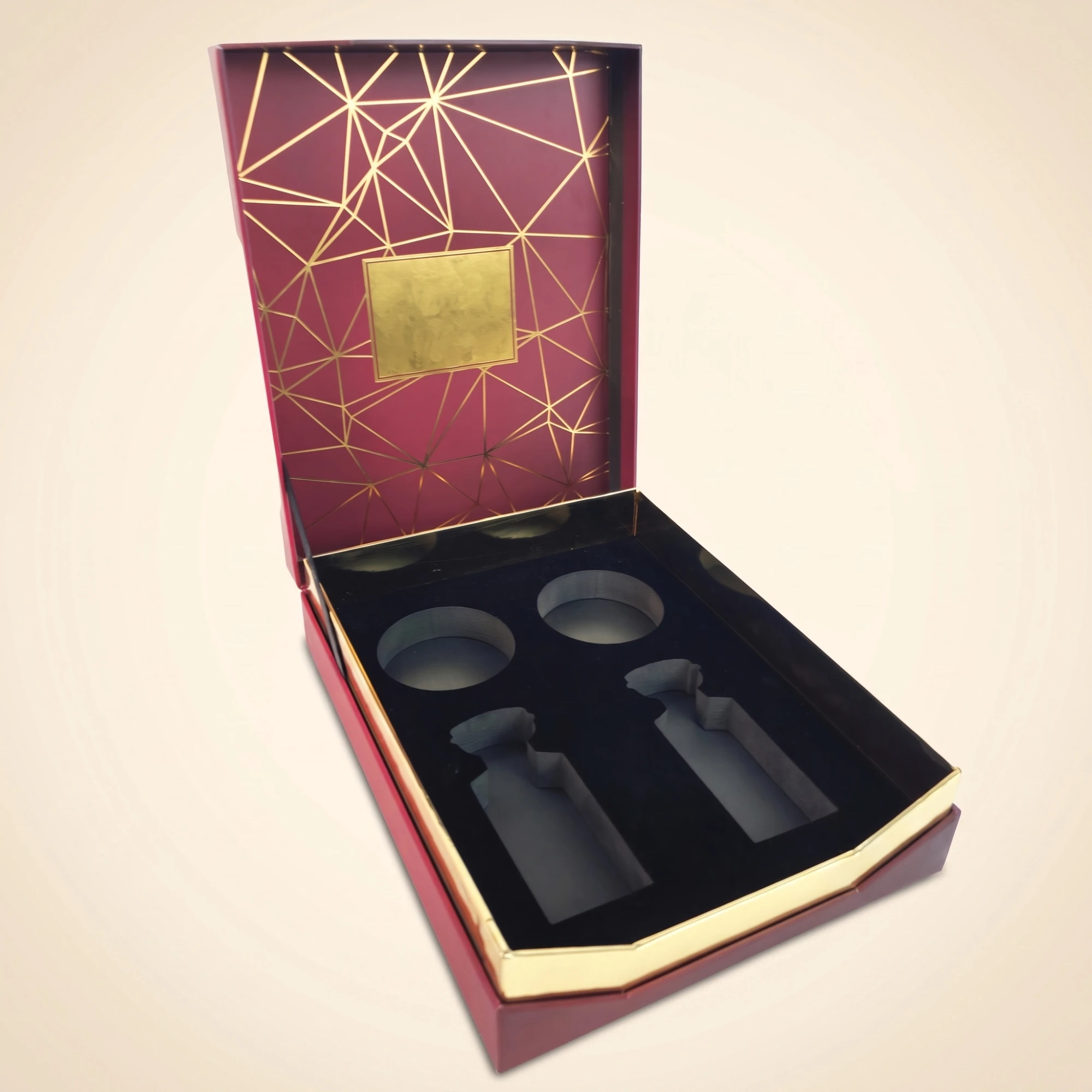Burgundy luxury perfume box with gold lines and insert for two bottles