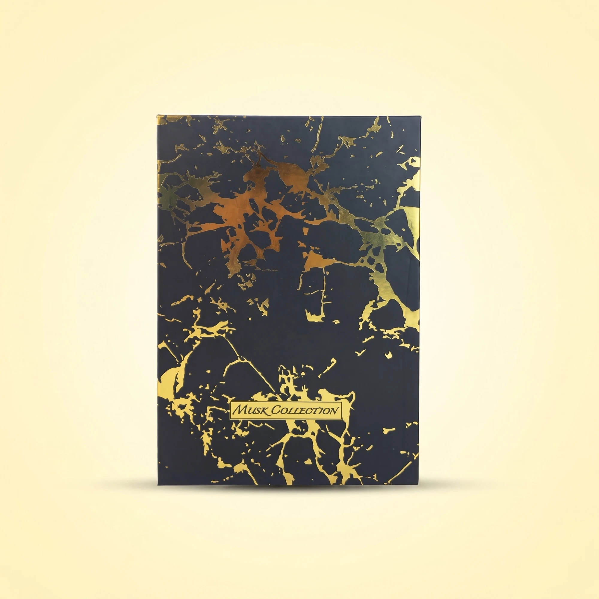 Black perfume box with gold marble foil finish
