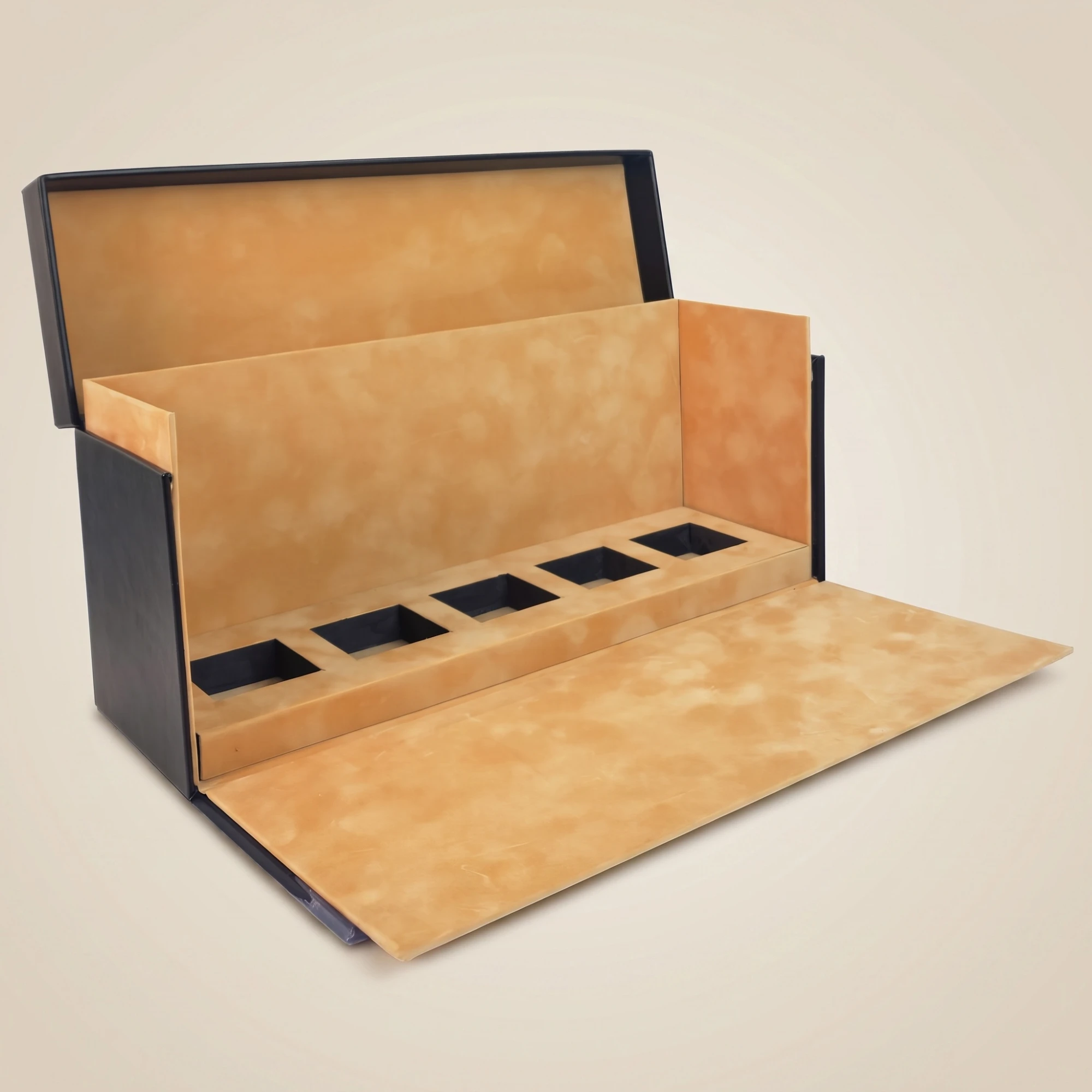 Black perfume collection box with tan suede lining and five bottle slots